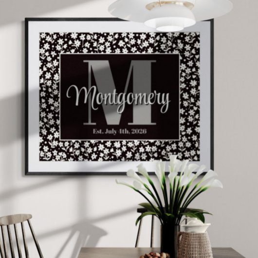 Persoonlijke naam afdrukken zwart wit bloemmotief poster