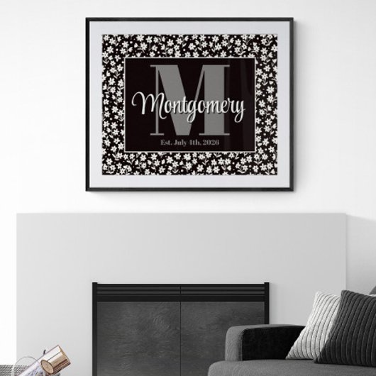 Persoonlijke naam afdrukken zwart wit bloemmotief poster