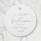 Persoonlijke naam Baby Boy Modern Script baptisme Bedankjes Labels (Voorkant)