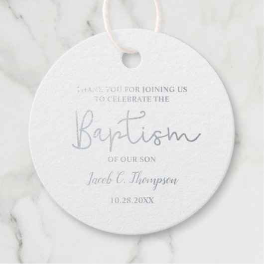 Persoonlijke naam Baby Boy Modern Script baptisme Bedankjes Labels (Voorkant)