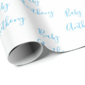 Persoonlijke naam baby jongen script blauw feestje cadeaupapier (Rol Hoek)