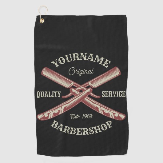 Persoonlijke naam Barber Straight Razor Barbershop Golfhanddoek (Voorkant)