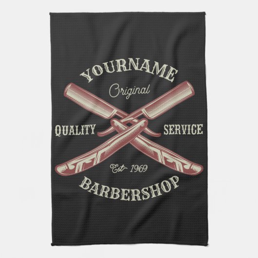 Persoonlijke naam Barber Straight Razor Barbershop Theedoek (Verticaal)