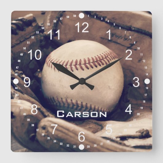 Persoonlijke naam Baseball in Glove Wall Clock Vierkante Klok (Voorkant)