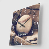Persoonlijke naam Baseball in Glove Wall Clock Vierkante Klok (Hoek)