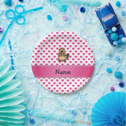 Persoonlijke naam beaver roze harten polka stippen papieren bordje (Feest)