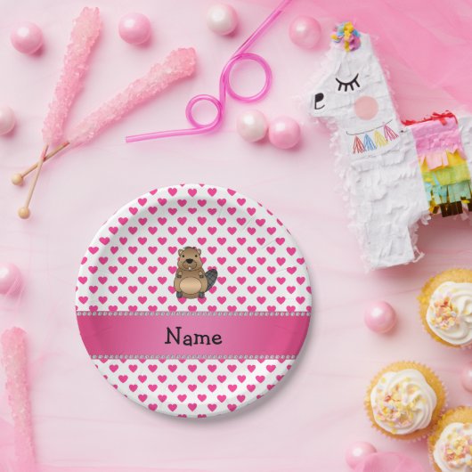 Persoonlijke naam beaver roze harten polka stippen papieren bordje (Feest)