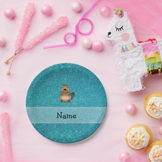 Persoonlijke naam beaver turquoise glitter papieren bordje (Feest)