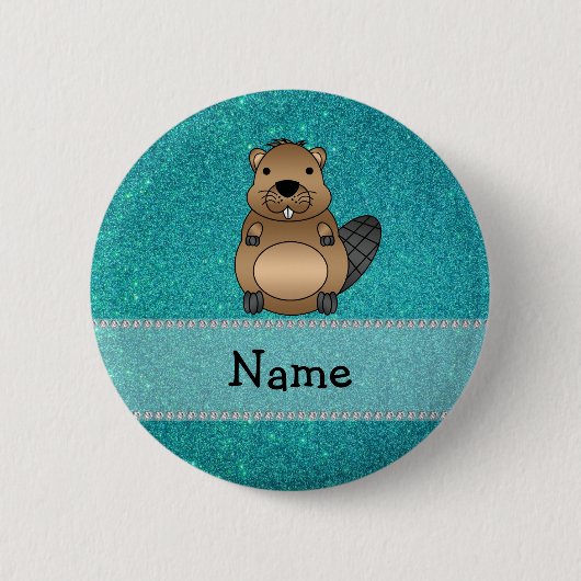 Persoonlijke naam beaver turquoise glitter ronde button 5,7 cm (Voorkant)