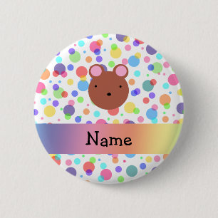 Persoonlijke naam beer gezicht regenboogstippen ronde button 5,7 cm