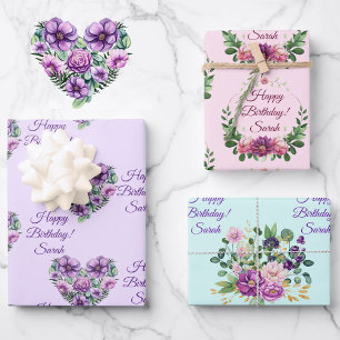 Persoonlijke naam Birthday Flowers Pink Lavender 3 Inpakpapier Vel