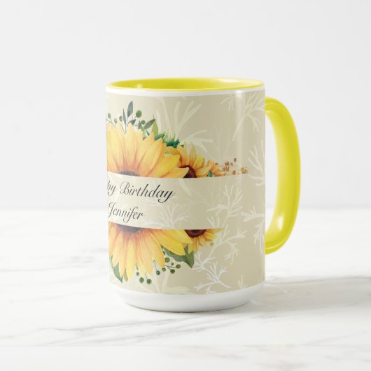 Persoonlijke naam Birthday Wishes Sunflower Coffee Mok (Voorkant rechts)