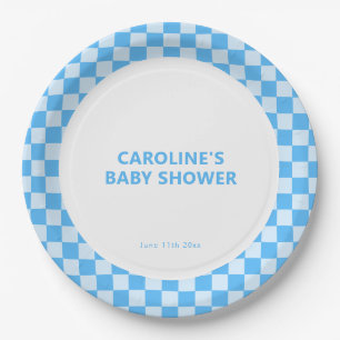 Persoonlijke naam blauw geruit retro baby shower papieren bordje