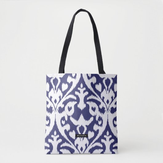 Persoonlijke naam Blauw Ikat Pattern Bridesmaid Tote Bag (Voorkant)