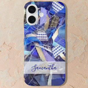 Persoonlijke naam blauw wit lila abstracte streep iPhone 16 hoesje