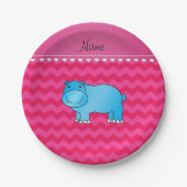 Persoonlijke naam blauwe hippo hete roze chevrons papieren bordje (Voorkant)
