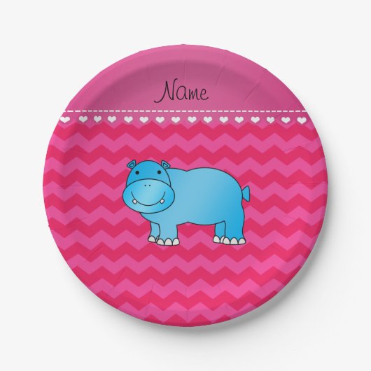 Persoonlijke naam blauwe hippo hete roze chevrons papieren bordje (Voorkant)