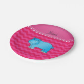 Persoonlijke naam blauwe hippo hete roze chevrons papieren bordje (Gekanteld)