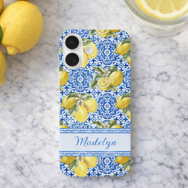 Persoonlijke naam blauwe tegel mediterrane citroen iPhone 16 hoesje