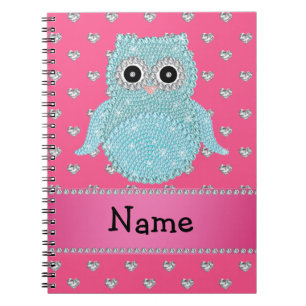 Persoonlijke naam bling uil diamanten roze harten notitieboek