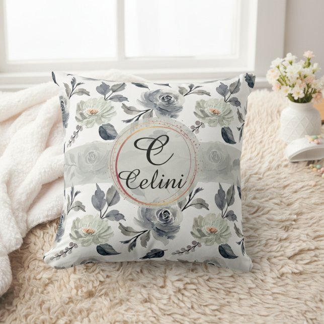 Persoonlijke naam bloemenaquarel sierkussen (Personalized Floral Watercolor Throw Pillow with Elegant Seamless Pattern)