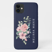 Persoonlijke naam bloemendecor in roze en navy Case-Mate iPhone case (Achterkant)