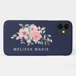 Persoonlijke naam bloemendecor in roze en navy Case-Mate iPhone case