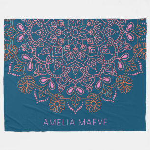 Persoonlijke naam Boho Mandala Bloemrijk Blauw Roz Fleece Deken