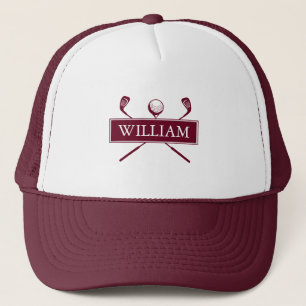 Persoonlijke naam bordeauxkleurige golfbal en -clu trucker pet