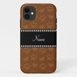 Persoonlijke naam bruine harten en pootafdrukken iPhone 11 hoesje