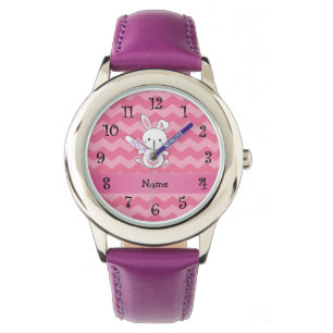 Persoonlijke naam bunny roze chevrons horloge