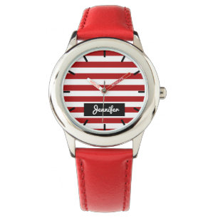 Persoonlijke naam Burgundy Red Solid Stripes Girls Horloge