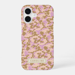 Persoonlijke naam camouflage roze bruine camo chic iPhone 16 hoesje