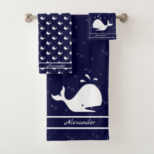 Persoonlijke naam Cartoon Walvis Marineblauw wit  Bad Handdoek