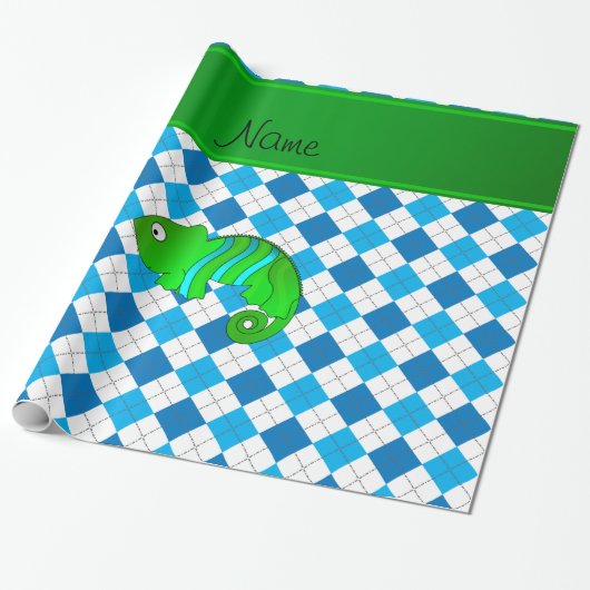 Persoonlijke naam chameleon blue argyle cadeaupapier (Uitgerold)