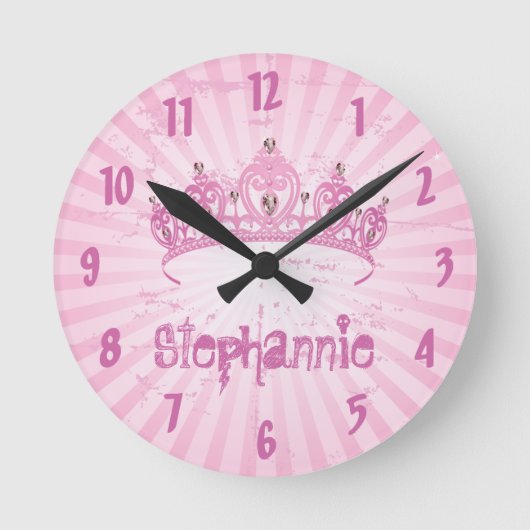 Persoonlijke naam Clock Pink Princess Crown Tiara Ronde Klok (Voorkant)
