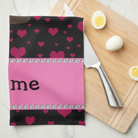 Persoonlijke naam cupcake roze harten op zwart theedoek (Quarter Fold)