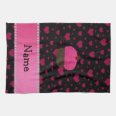 Persoonlijke naam cupcake roze harten op zwart theedoek (Horizontaal)