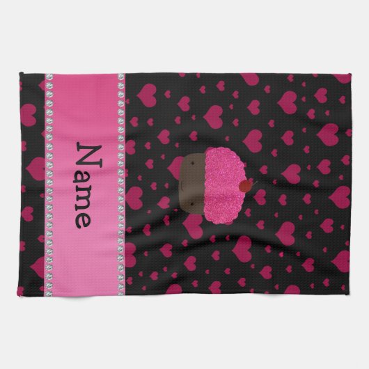 Persoonlijke naam cupcake roze harten op zwart theedoek (Horizontaal)