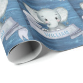Persoonlijke naam Cute Baby Boy Elephant Blue Wood Cadeaupapier (Rol Hoek)
