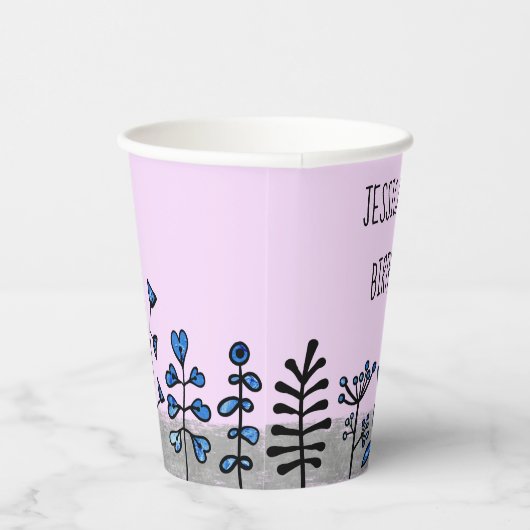 Persoonlijke naam Cute Grijs Blauw & Paarse Bloeme Papieren Bekers (Rechts)