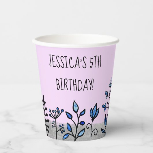 Persoonlijke naam Cute Grijs Blauw & Paarse Bloeme Papieren Bekers (Voorkant)