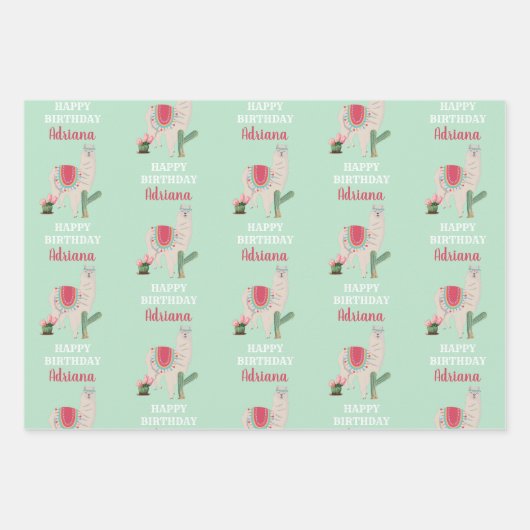 Persoonlijke naam Cute Llama Cactus Birthday Inpakpapier Vel (Voorkant 3)