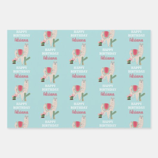 Persoonlijke naam Cute Llama Cactus Birthday Inpakpapier Vel (Voorkant)