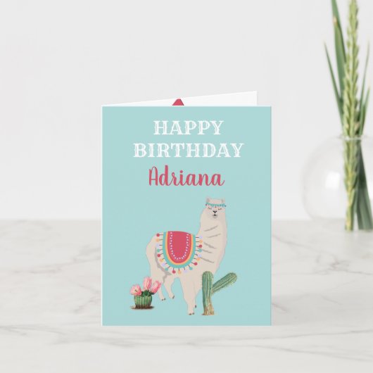 Persoonlijke naam Cute Llama Cactus Birthday Kaart (Voorkant)