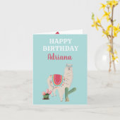Persoonlijke naam Cute Llama Cactus Birthday Kaart (Gele Bloem)