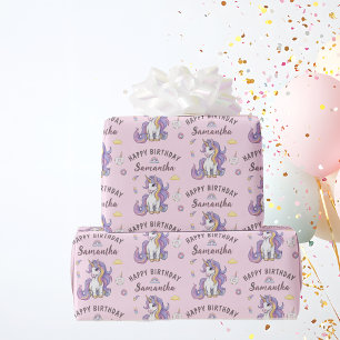 Persoonlijke naam Cute Unicorn Verjaardag Cadeaupapier