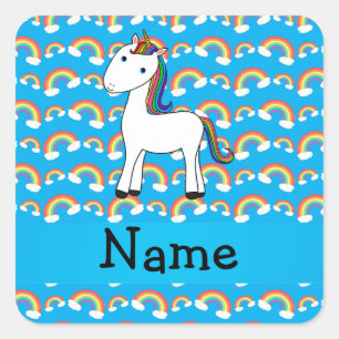 Persoonlijke naam eenhoorn blauwe regenbogen vierkante sticker