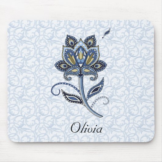Persoonlijke naam Elegant Floral Paisley Blue Muismat (Voorkant)