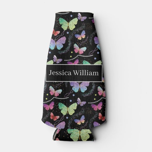 Persoonlijke naam Elegant Paars Bright Butterflies Flesjeskoeler (Voorkant)